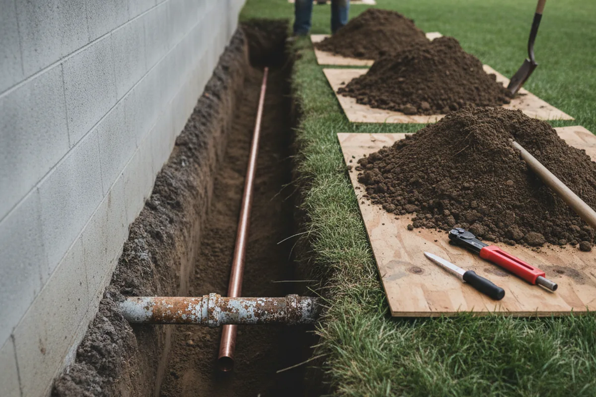 Excavated water line trench during Water Softener Installation in Table Grove